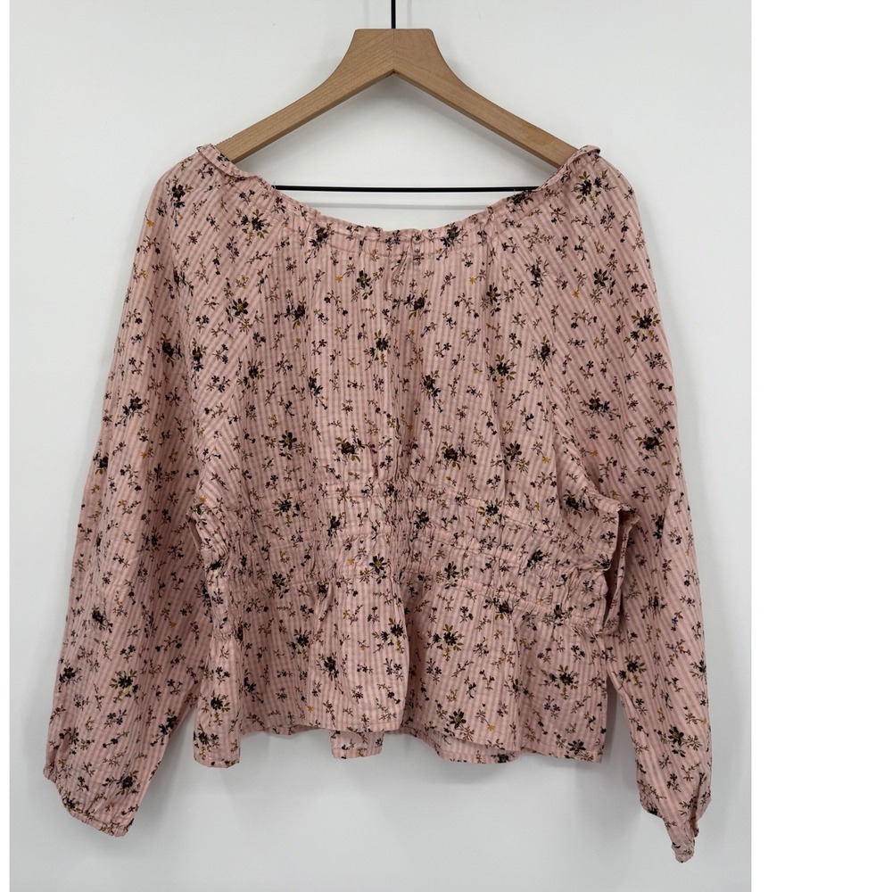 Madewell Shirt XXL Pink Floral Peplum Smocked Waist Long Sleeve Cotton NEW - Picture 3 of 8